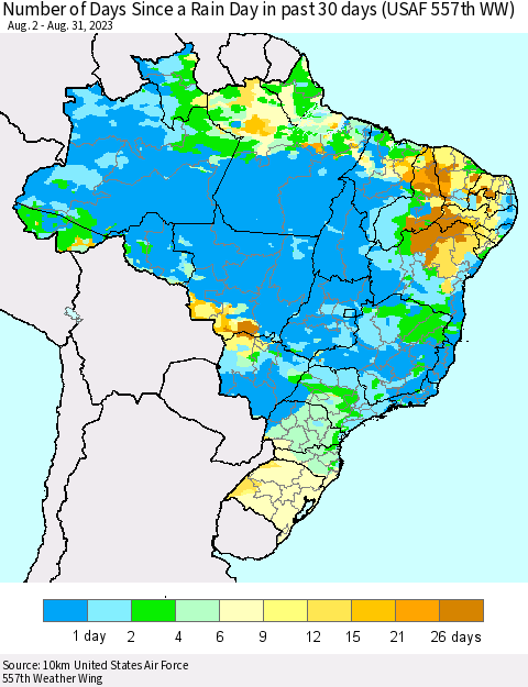 Brazil Number of Days Since a Rain Day in past 30 days (USAF 557th WW) Thematic Map For 8/26/2023 - 8/31/2023