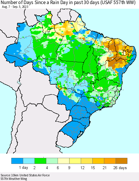 Brazil Number of Days Since a Rain Day in past 30 days (USAF 557th WW) Thematic Map For 9/1/2023 - 9/5/2023