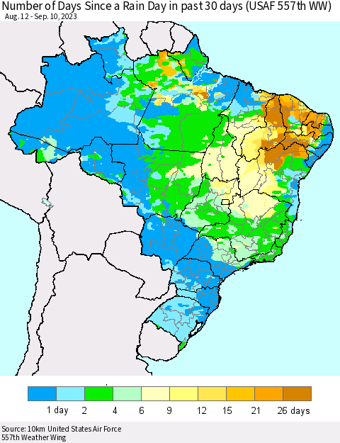 Brazil Number of Days Since a Rain Day in past 30 days (USAF 557th WW) Thematic Map For 9/6/2023 - 9/10/2023