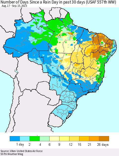 Brazil Number of Days Since a Rain Day in past 30 days (USAF 557th WW) Thematic Map For 9/11/2023 - 9/15/2023