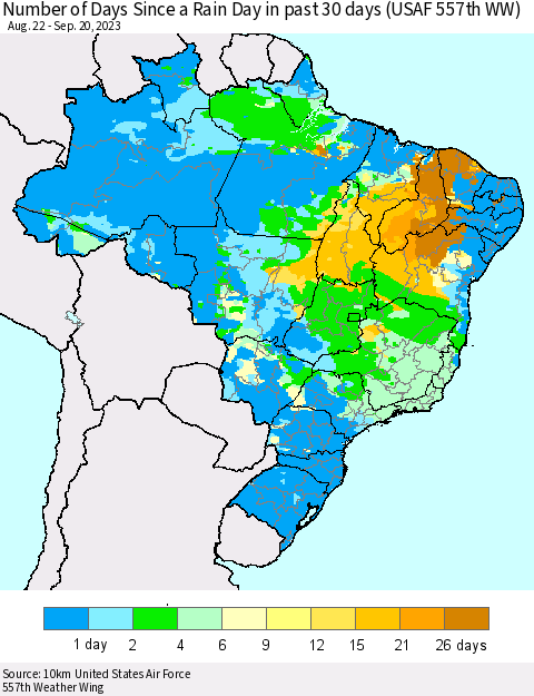 Brazil Number of Days Since a Rain Day in past 30 days (USAF 557th WW) Thematic Map For 9/16/2023 - 9/20/2023
