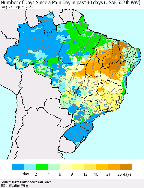 Brazil Number of Days Since a Rain Day in past 30 days (USAF 557th WW) Thematic Map For 9/21/2023 - 9/25/2023
