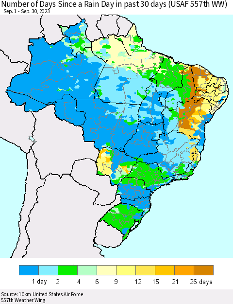 Brazil Number of Days Since a Rain Day in past 30 days (USAF 557th WW) Thematic Map For 9/26/2023 - 9/30/2023