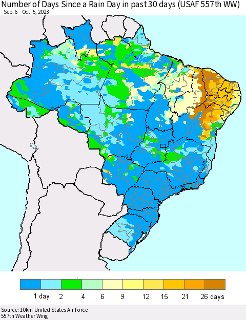 Brazil Number of Days Since a Rain Day in past 30 days (USAF 557th WW) Thematic Map For 10/1/2023 - 10/5/2023