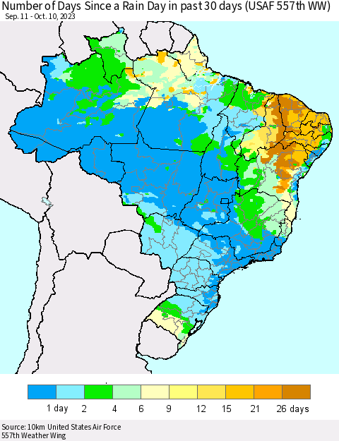 Brazil Number of Days Since a Rain Day in past 30 days (USAF 557th WW) Thematic Map For 10/6/2023 - 10/10/2023