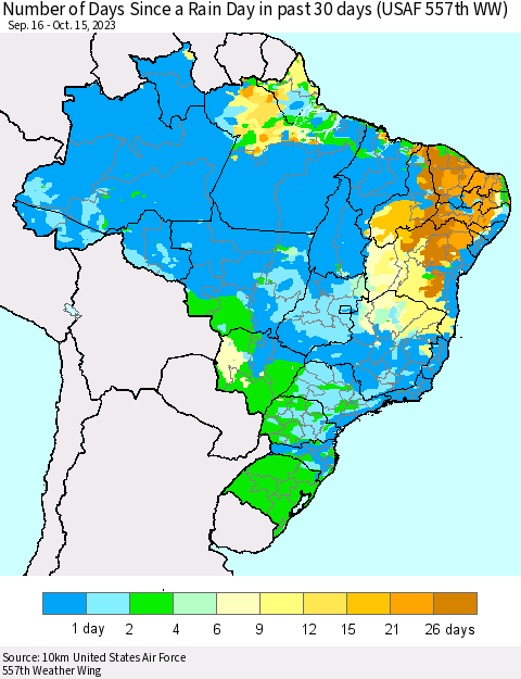 Brazil Number of Days Since a Rain Day in past 30 days (USAF 557th WW) Thematic Map For 10/11/2023 - 10/15/2023