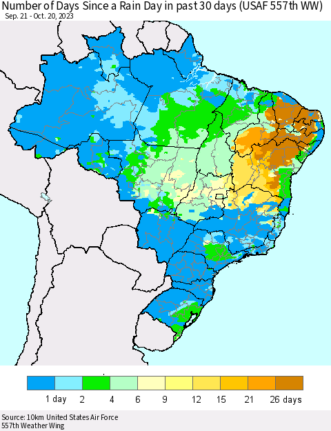Brazil Number of Days Since a Rain Day in past 30 days (USAF 557th WW) Thematic Map For 10/16/2023 - 10/20/2023