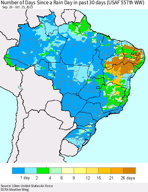 Brazil Number of Days Since a Rain Day in past 30 days (USAF 557th WW) Thematic Map For 10/21/2023 - 10/25/2023
