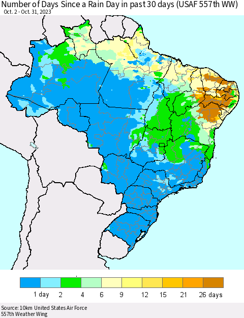 Brazil Number of Days Since a Rain Day in past 30 days (USAF 557th WW) Thematic Map For 10/26/2023 - 10/31/2023