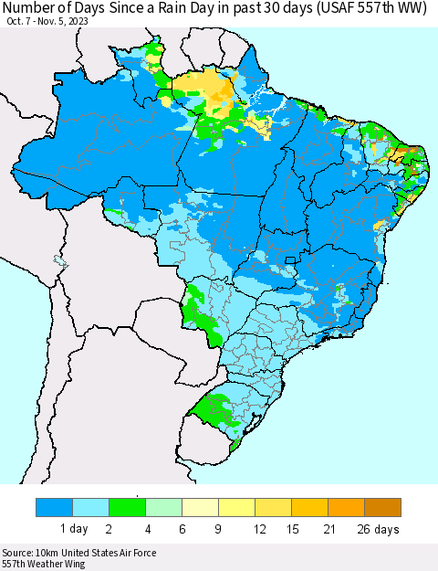 Brazil Number of Days Since a Rain Day in past 30 days (USAF 557th WW) Thematic Map For 11/1/2023 - 11/5/2023