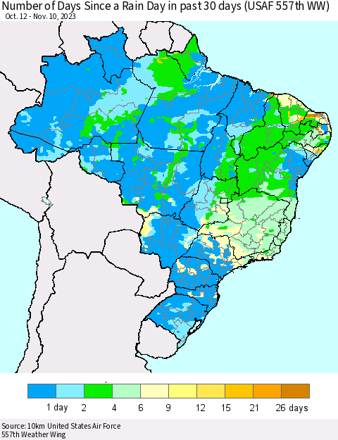 Brazil Number of Days Since a Rain Day in past 30 days (USAF 557th WW) Thematic Map For 11/6/2023 - 11/10/2023