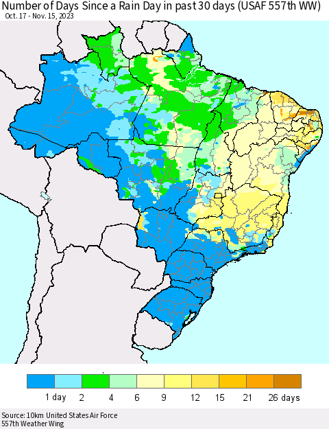 Brazil Number of Days Since a Rain Day in past 30 days (USAF 557th WW) Thematic Map For 11/11/2023 - 11/15/2023