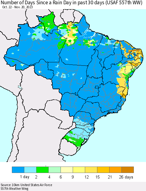Brazil Number of Days Since a Rain Day in past 30 days (USAF 557th WW) Thematic Map For 11/16/2023 - 11/20/2023