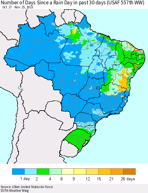 Brazil Number of Days Since a Rain Day in past 30 days (USAF 557th WW) Thematic Map For 11/21/2023 - 11/25/2023