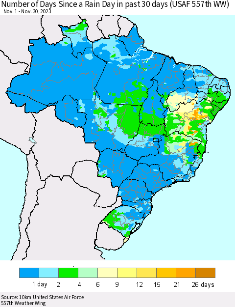 Brazil Number of Days Since a Rain Day in past 30 days (USAF 557th WW) Thematic Map For 11/26/2023 - 11/30/2023