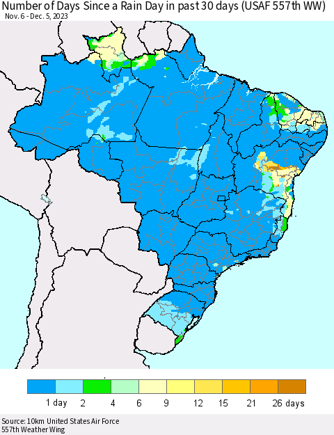 Brazil Number of Days Since a Rain Day in past 30 days (USAF 557th WW) Thematic Map For 12/1/2023 - 12/5/2023