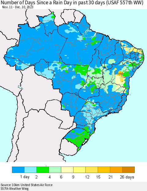 Brazil Number of Days Since a Rain Day in past 30 days (USAF 557th WW) Thematic Map For 12/6/2023 - 12/10/2023