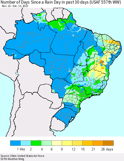 Brazil Number of Days Since a Rain Day in past 30 days (USAF 557th WW) Thematic Map For 12/11/2023 - 12/15/2023