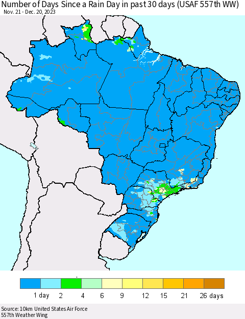 Brazil Number of Days Since a Rain Day in past 30 days (USAF 557th WW) Thematic Map For 12/16/2023 - 12/20/2023