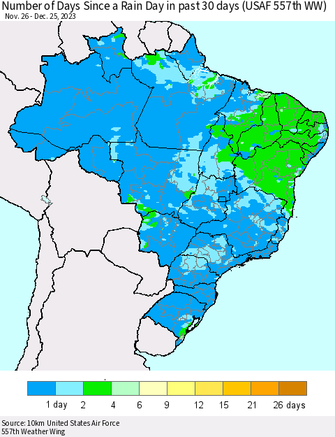 Brazil Number of Days Since a Rain Day in past 30 days (USAF 557th WW) Thematic Map For 12/21/2023 - 12/25/2023