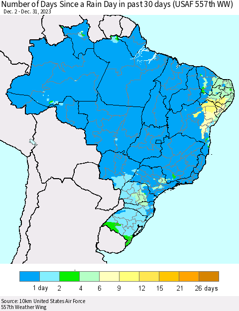 Brazil Number of Days Since a Rain Day in past 30 days (USAF 557th WW) Thematic Map For 12/26/2023 - 12/31/2023