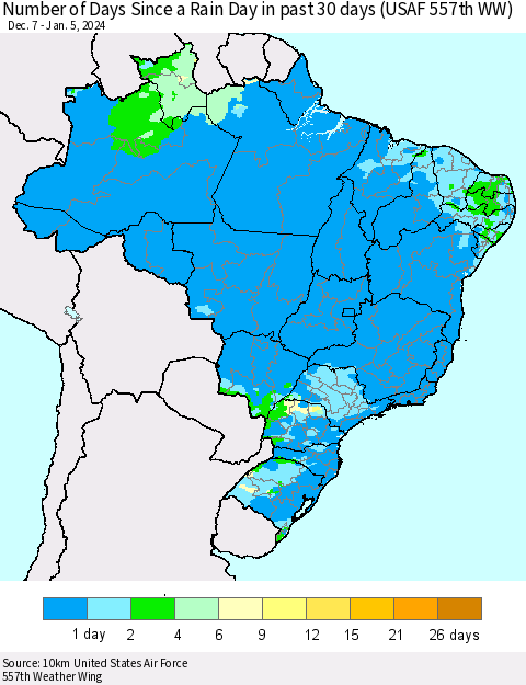 Brazil Number of Days Since a Rain Day in past 30 days (USAF 557th WW) Thematic Map For 1/1/2024 - 1/5/2024