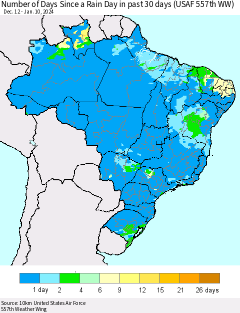 Brazil Number of Days Since a Rain Day in past 30 days (USAF 557th WW) Thematic Map For 1/6/2024 - 1/10/2024