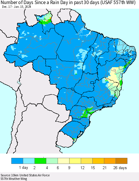 Brazil Number of Days Since a Rain Day in past 30 days (USAF 557th WW) Thematic Map For 1/11/2024 - 1/15/2024