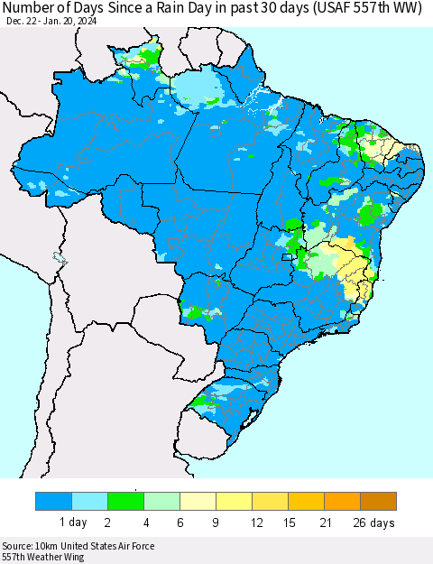 Brazil Number of Days Since a Rain Day in past 30 days (USAF 557th WW) Thematic Map For 1/16/2024 - 1/20/2024