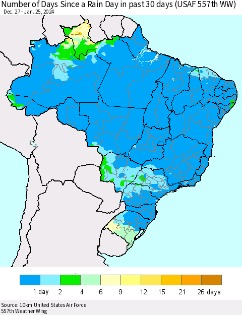 Brazil Number of Days Since a Rain Day in past 30 days (USAF 557th WW) Thematic Map For 1/21/2024 - 1/25/2024