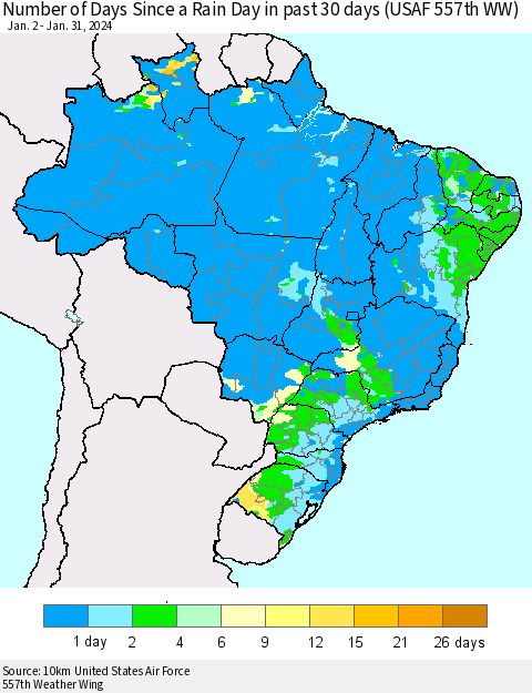 Brazil Number of Days Since a Rain Day in past 30 days (USAF 557th WW) Thematic Map For 1/26/2024 - 1/31/2024