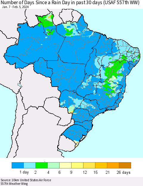 Brazil Number of Days Since a Rain Day in past 30 days (USAF 557th WW) Thematic Map For 2/1/2024 - 2/5/2024