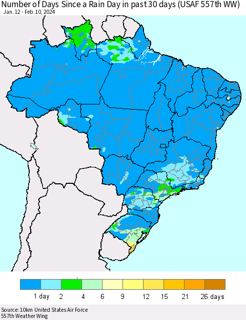 Brazil Number of Days Since a Rain Day in past 30 days (USAF 557th WW) Thematic Map For 2/6/2024 - 2/10/2024