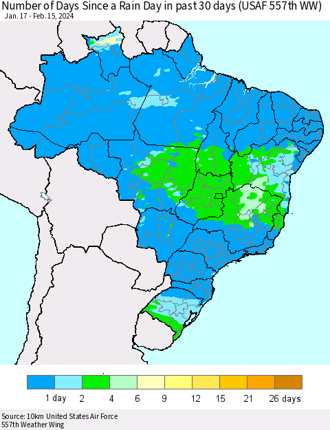 Brazil Number of Days Since a Rain Day in past 30 days (USAF 557th WW) Thematic Map For 2/11/2024 - 2/15/2024