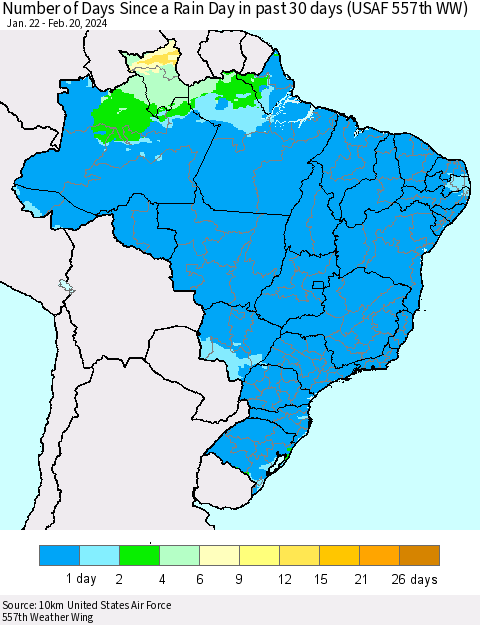 Brazil Number of Days Since a Rain Day in past 30 days (USAF 557th WW) Thematic Map For 2/16/2024 - 2/20/2024