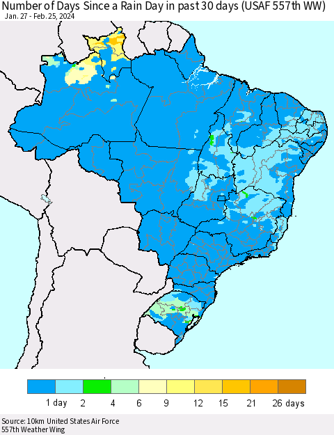 Brazil Number of Days Since a Rain Day in past 30 days (USAF 557th WW) Thematic Map For 2/21/2024 - 2/25/2024