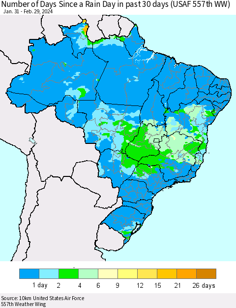 Brazil Number of Days Since a Rain Day in past 30 days (USAF 557th WW) Thematic Map For 2/26/2024 - 2/29/2024