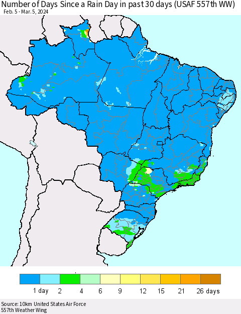 Brazil Number of Days Since a Rain Day in past 30 days (USAF 557th WW) Thematic Map For 3/1/2024 - 3/5/2024
