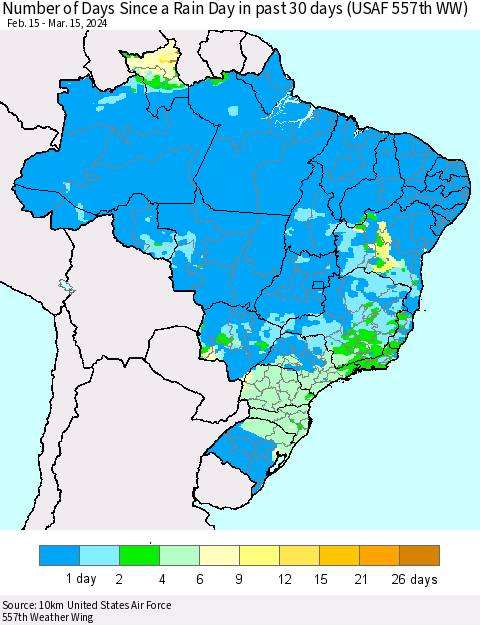 Brazil Number of Days Since a Rain Day in past 30 days (USAF 557th WW) Thematic Map For 3/11/2024 - 3/15/2024