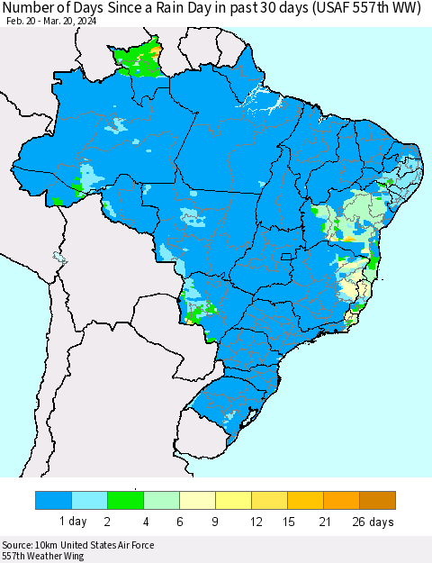 Brazil Number of Days Since a Rain Day in past 30 days (USAF 557th WW) Thematic Map For 3/16/2024 - 3/20/2024