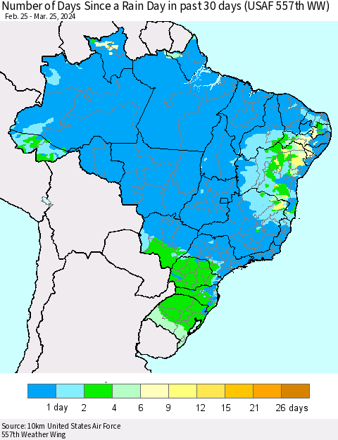 Brazil Number of Days Since a Rain Day in past 30 days (USAF 557th WW) Thematic Map For 3/21/2024 - 3/25/2024