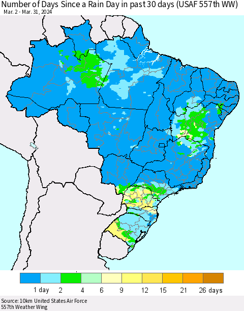 Brazil Number of Days Since a Rain Day in past 30 days (USAF 557th WW) Thematic Map For 3/26/2024 - 3/31/2024