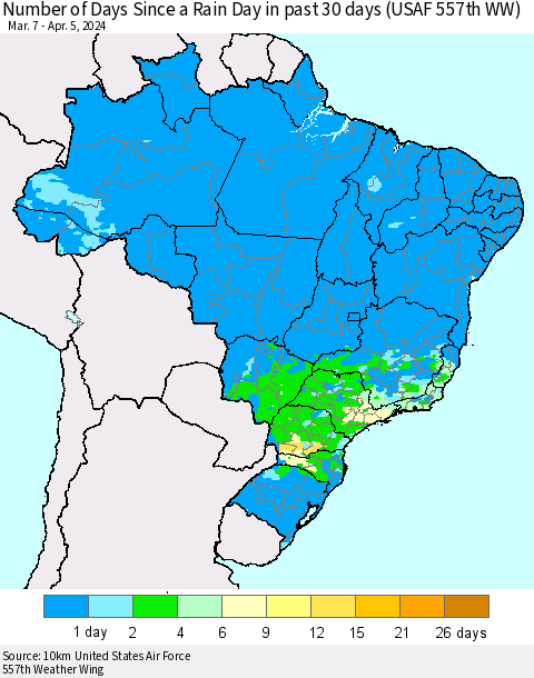Brazil Number of Days Since a Rain Day in past 30 days (USAF 557th WW) Thematic Map For 4/1/2024 - 4/5/2024
