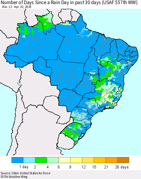 Brazil Number of Days Since a Rain Day in past 30 days (USAF 557th WW) Thematic Map For 4/6/2024 - 4/10/2024