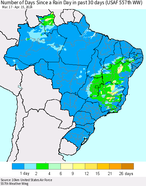 Brazil Number of Days Since a Rain Day in past 30 days (USAF 557th WW) Thematic Map For 4/11/2024 - 4/15/2024