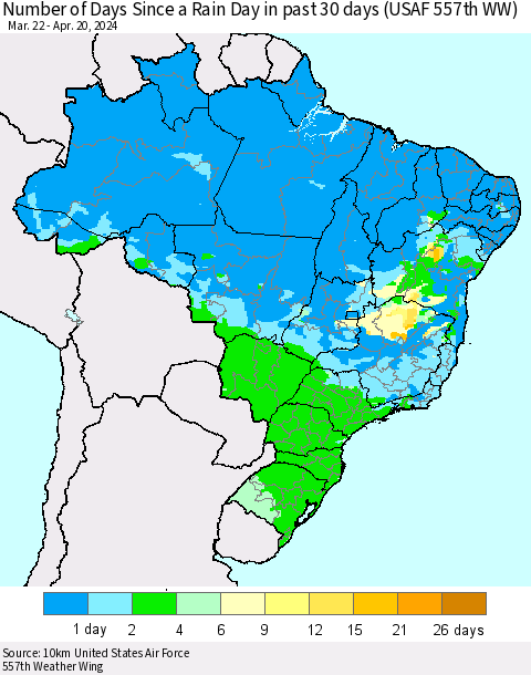 Brazil Number of Days Since a Rain Day in past 30 days (USAF 557th WW) Thematic Map For 4/16/2024 - 4/20/2024