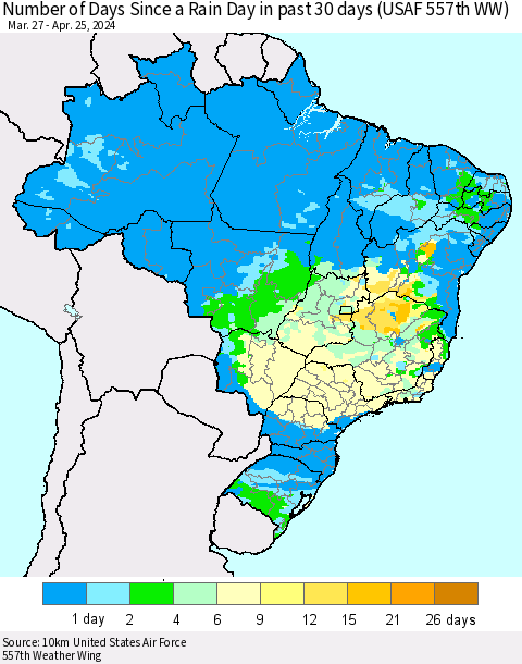 Brazil Number of Days Since a Rain Day in past 30 days (USAF 557th WW) Thematic Map For 4/21/2024 - 4/25/2024
