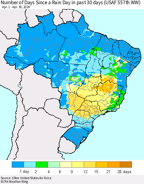 Brazil Number of Days Since a Rain Day in past 30 days (USAF 557th WW) Thematic Map For 4/26/2024 - 4/30/2024