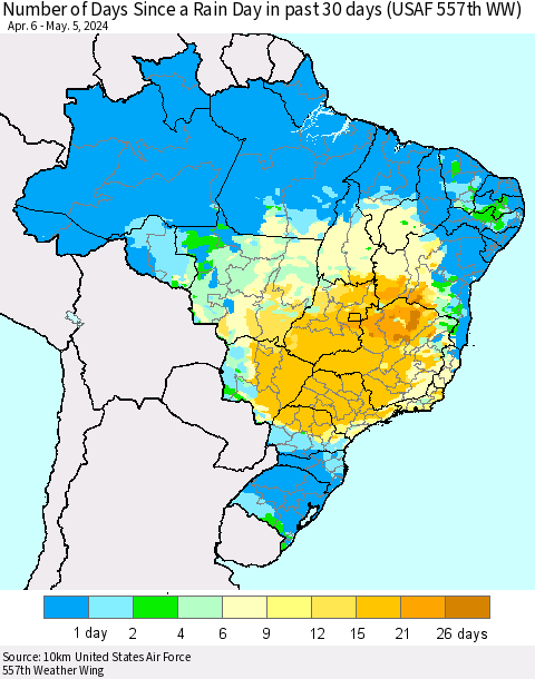 Brazil Number of Days Since a Rain Day in past 30 days (USAF 557th WW) Thematic Map For 5/1/2024 - 5/5/2024