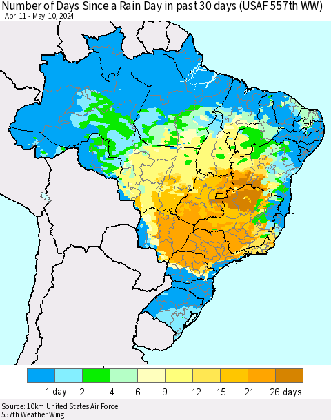Brazil Number of Days Since a Rain Day in past 30 days (USAF 557th WW) Thematic Map For 5/6/2024 - 5/10/2024
